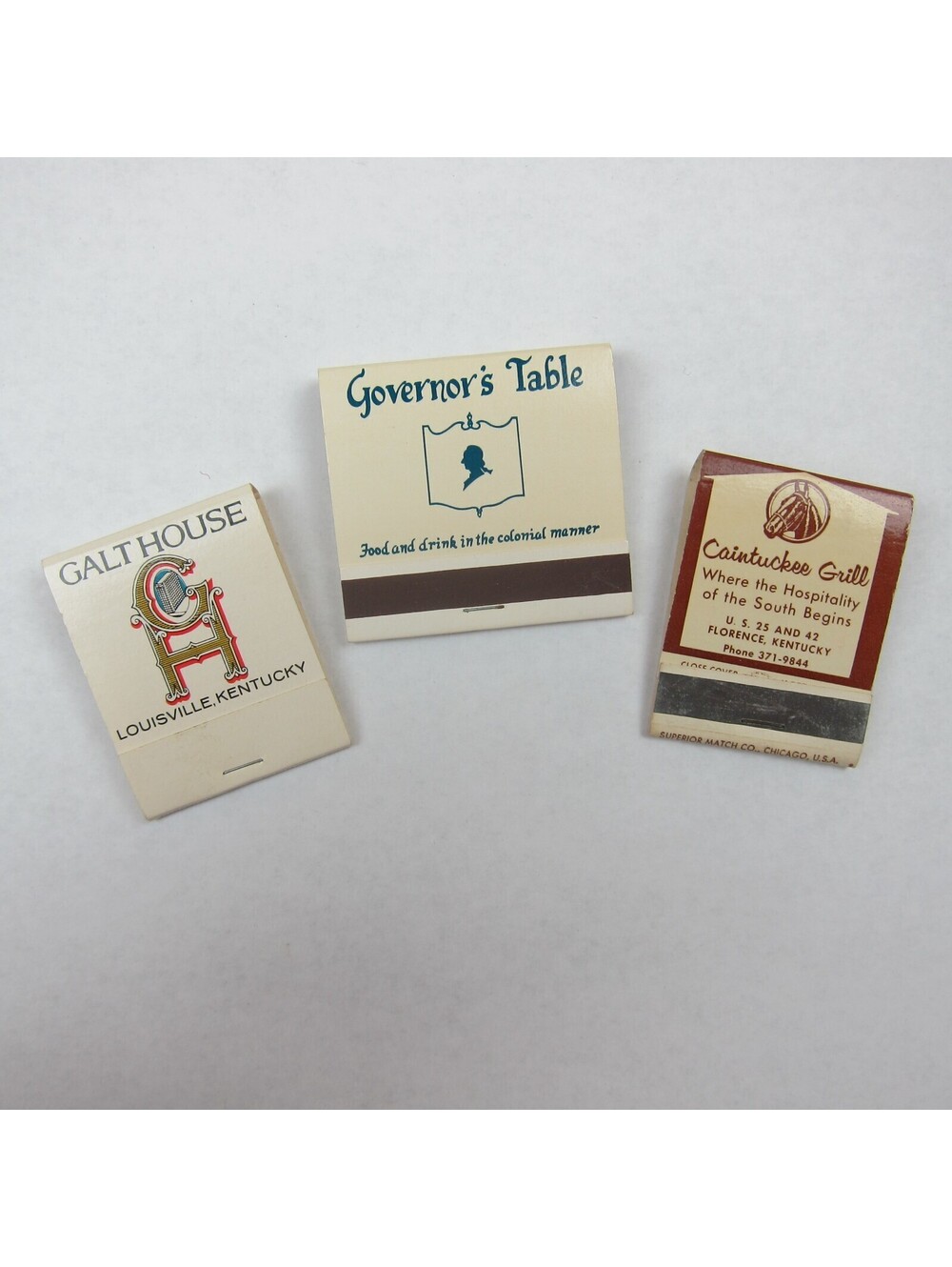3 Vintage Matchbooks Kentucky Galt House, Governor's Table, Caintuckee Grill